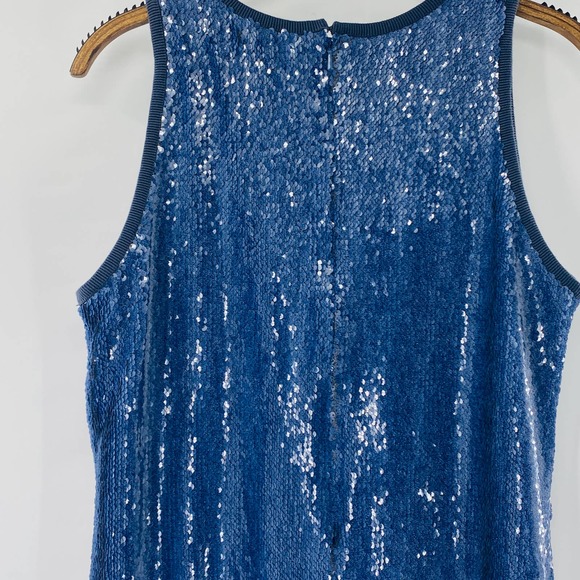 Carmen Marc Valvo Denim Blue Sequin Sleeveless Shift Dress Size 6 Small - Picture 10 of 14